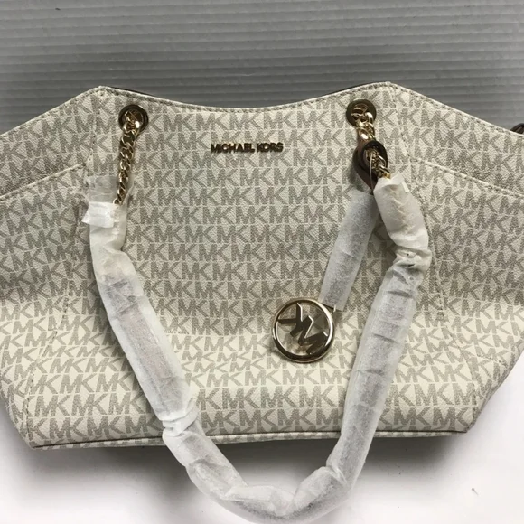 Bnwt Michael Kors Cream Monogram Shoulder Bag Chain Link Handles - Picture 1 of 2